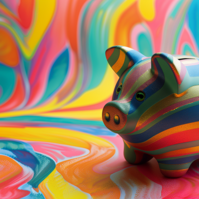 Colorful striped piggy bank on a psychedelic swirl-patterned background.