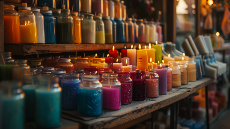 A collection of colorful candles in various sizes and jars displayed on wooden shelves, some with flames lit.