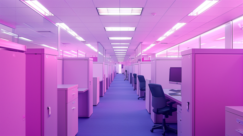 A stylized image of an office cubicle workspace with pink partitions, desks with computer monitors, and black office chairs on a purple carpeted floor.