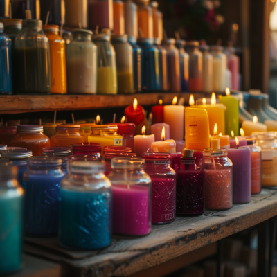 A collection of colorful candles in various sizes and jars displayed on wooden shelves, some with flames lit.