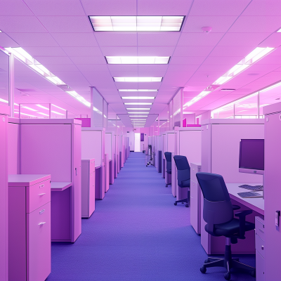 A stylized image of an office cubicle workspace with pink partitions, desks with computer monitors, and black office chairs on a purple carpeted floor.