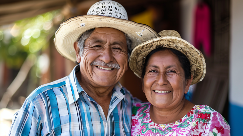 A happy Hispanic couple wearing straw hats and bright clothing, smiling joyfully at the camera.