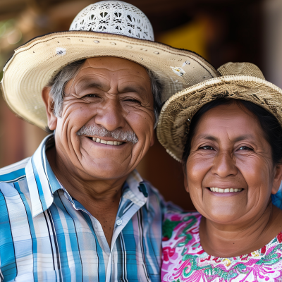 A happy Hispanic couple wearing straw hats and bright clothing, smiling joyfully at the camera.