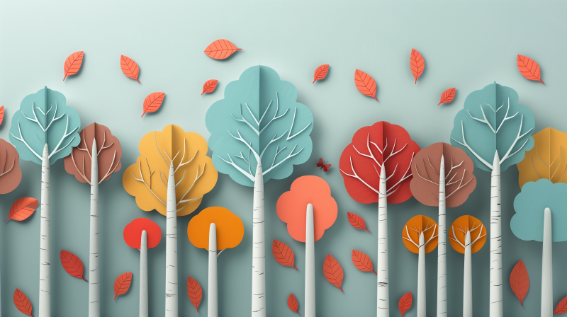 Stylized illustration of a colorful paper art forest with trees in shades of blue, orange, and red, with scattered leaves on a teal background.