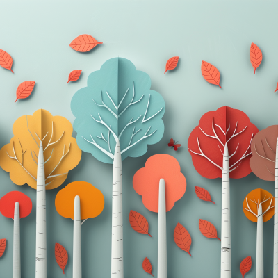 Stylized illustration of a colorful paper art forest with trees in shades of blue, orange, and red, with scattered leaves on a teal background.