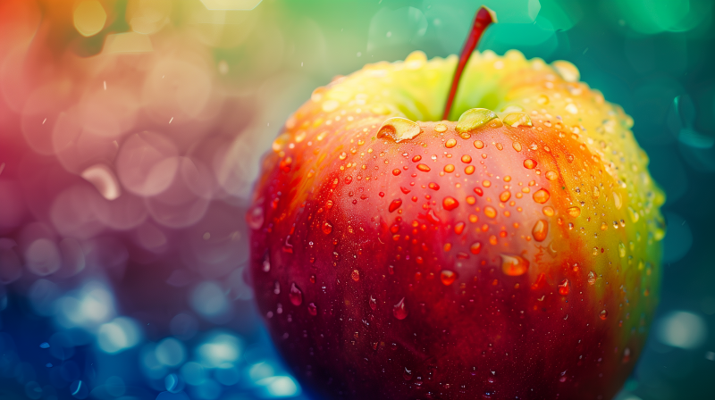 Close-up of a dew-covered red apple with a blurred blue and green background.