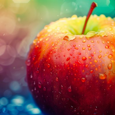 Close-up of a dew-covered red apple with a blurred blue and green background.