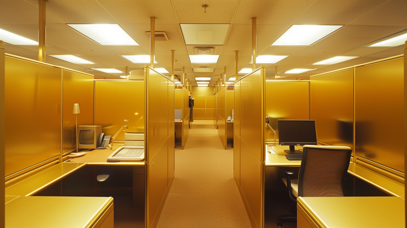 A golden-hued office space with multiple cubicles and computer workstations, illuminated by overhead lights.