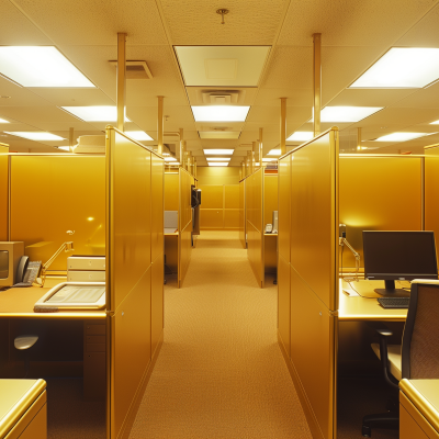 A golden-hued office space with multiple cubicles and computer workstations, illuminated by overhead lights.