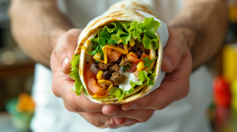 A person holding an open burrito with lettuce, cheese, tomatoes, corn, sour cream, and seasoned meat.