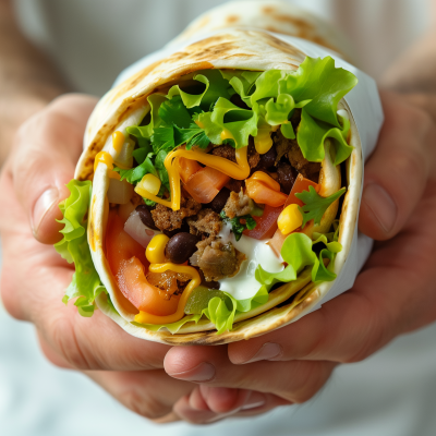 A person holding an open burrito with lettuce, cheese, tomatoes, corn, sour cream, and seasoned meat.