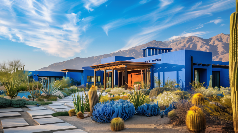 A modern house with blue walls, surrounded by desert landscaping with a variety of cacti and succulents, set against a backdrop of mountains under a blue sky.