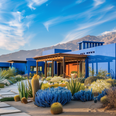 A modern house with blue walls, surrounded by desert landscaping with a variety of cacti and succulents, set against a backdrop of mountains under a blue sky.