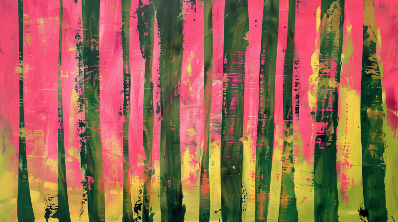 Abstract painting with vivid streaks of pink, green, and yellow, evoking an impression of a forest.