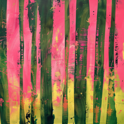 Abstract painting with vivid streaks of pink, green, and yellow, evoking an impression of a forest.