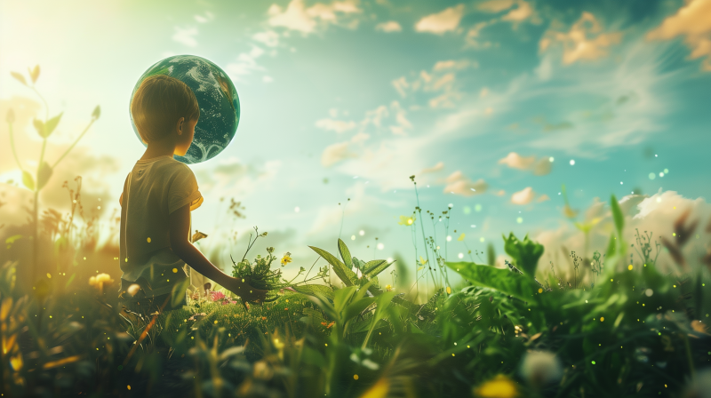 A child standing in a lush field with a representation of planet Earth floating nearby, symbolizing connection with nature for Earth Day.