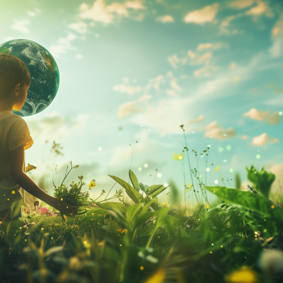 A child standing in a lush field with a representation of planet Earth floating nearby, symbolizing connection with nature for Earth Day.