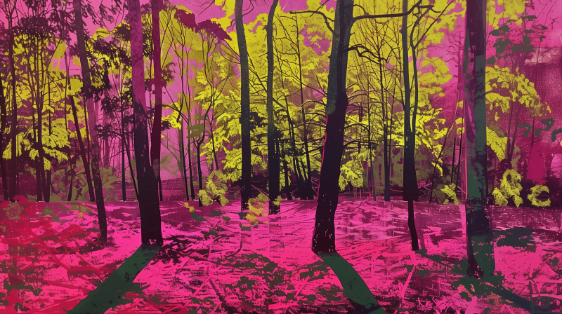 A stylized image of a forest with vivid pink and yellow tones.