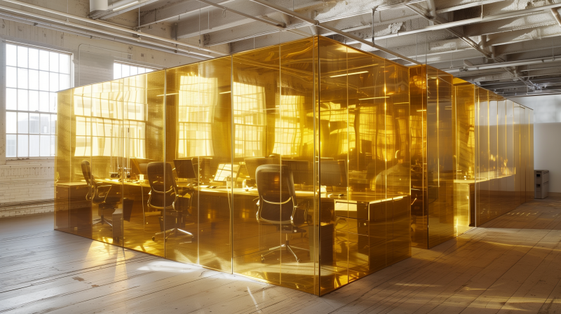 A golden-hued, contemporary office cubicle with multiple workspaces inside a glass enclosure, reflecting a warm light, suggesting a luxurious or high-end work environment.