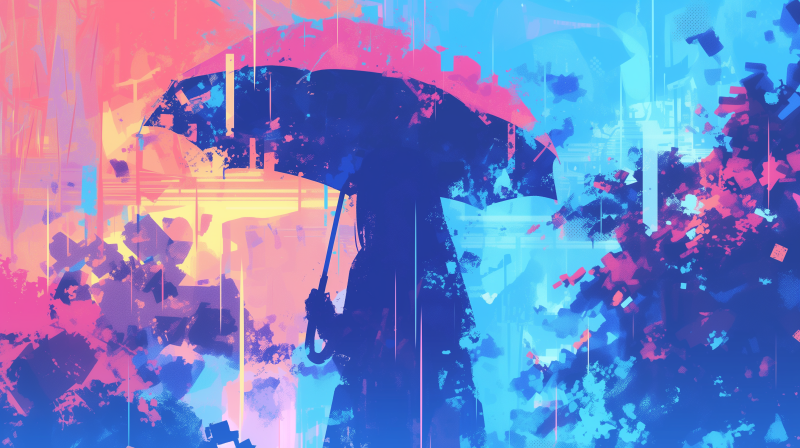 Silhouette of a person holding an umbrella against a vibrant abstract background with blue and pink hues.