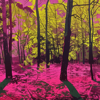 A stylized image of a forest with vivid pink and yellow tones.