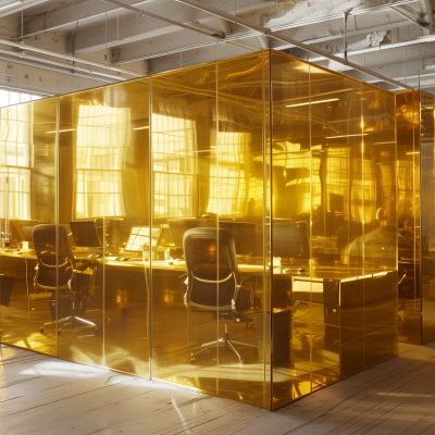 A golden-hued, contemporary office cubicle with multiple workspaces inside a glass enclosure, reflecting a warm light, suggesting a luxurious or high-end work environment.