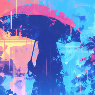 Silhouette of a person holding an umbrella against a vibrant abstract background with blue and pink hues.