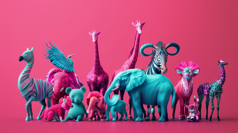 A vibrant image of various animals, including an elephant, giraffe, zebra, and others, in striking blue and pink hues against a pink background.