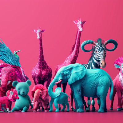 A vibrant image of various animals, including an elephant, giraffe, zebra, and others, in striking blue and pink hues against a pink background.