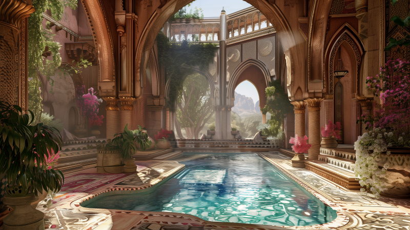 An opulent indoor swimming pool within an ornately designed space, featuring arches and plush vegetation under natural sunlight.