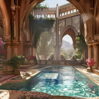 An opulent indoor swimming pool within an ornately designed space, featuring arches and plush vegetation under natural sunlight.