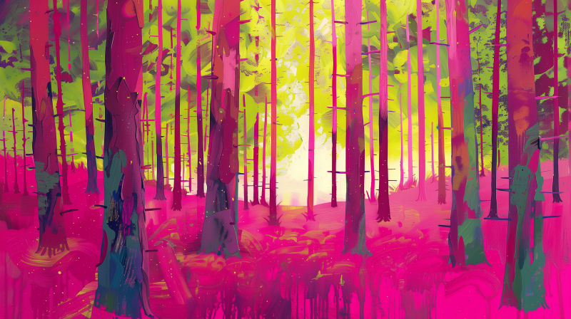 A stylized digital painting of a forest with brightly colored trees in pink and yellow hues, creating a vibrant and magical-looking woodland scene.