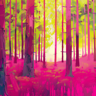 A stylized digital painting of a forest with brightly colored trees in pink and yellow hues, creating a vibrant and magical-looking woodland scene.