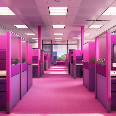 A vibrant office cubicle setup with pink partitions and matching pink carpet, featuring individual workspaces arranged in rows leading to a window at the back.