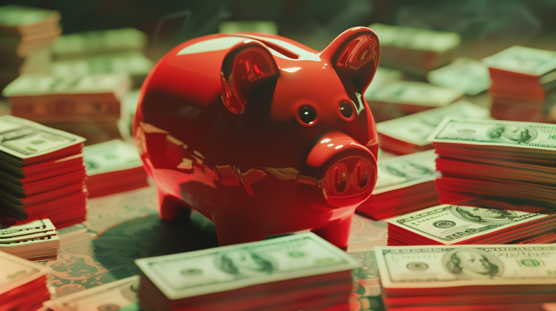 A red piggy bank on a background of scattered dollar bills.