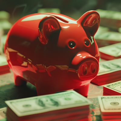 A red piggy bank on a background of scattered dollar bills.