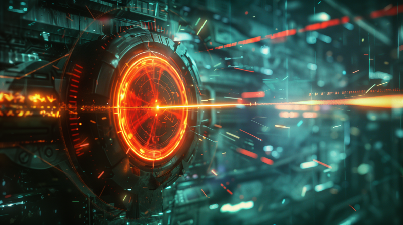 A futuristic bullseye target with a glowing red center, set against a complex, high-tech background with digital light effects and particles suggesting movement and precision.