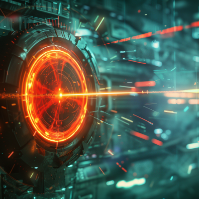 A futuristic bullseye target with a glowing red center, set against a complex, high-tech background with digital light effects and particles suggesting movement and precision.