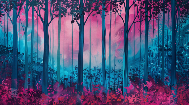 A vibrant digital artwork of a forest with trees in hues of pink, blue, and purple, creating a mystical atmosphere.