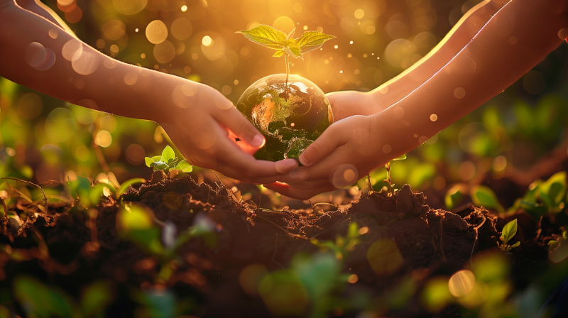 Two hands cradling a small globe with a young plant sprouting on top, conveying a message of nurturing nature and environmental conservation, set against a backdrop of sunlit soil, symbolizing hope and growth for Earth Day.