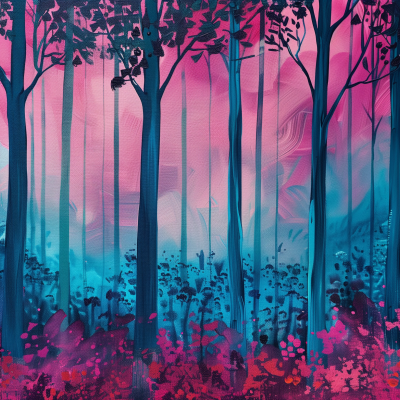 A vibrant digital artwork of a forest with trees in hues of pink, blue, and purple, creating a mystical atmosphere.