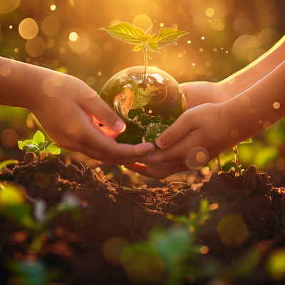 Two hands cradling a small globe with a young plant sprouting on top, conveying a message of nurturing nature and environmental conservation, set against a backdrop of sunlit soil, symbolizing hope and growth for Earth Day.