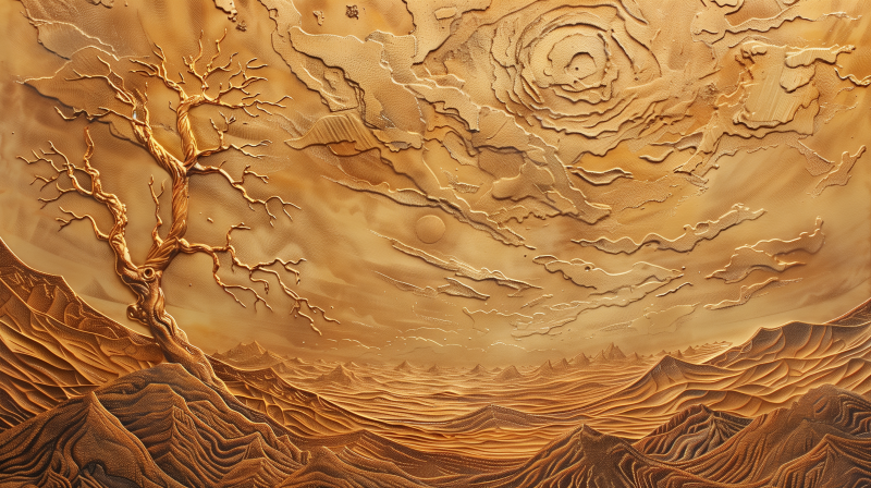 Artistic representation of a desert scene with textured, golden sand dunes and abstract design elements, evoking a sense of warmth and arid landscape.