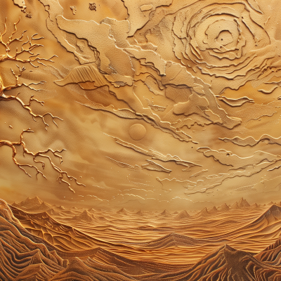 Artistic representation of a desert scene with textured, golden sand dunes and abstract design elements, evoking a sense of warmth and arid landscape.