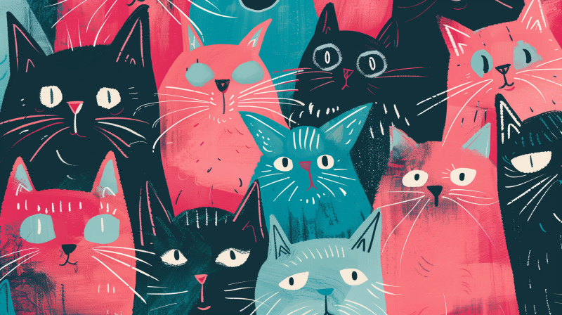 Illustration of a colorful assortment of cats with varied expressions.