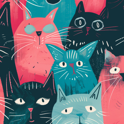 Illustration of a colorful assortment of cats with varied expressions.