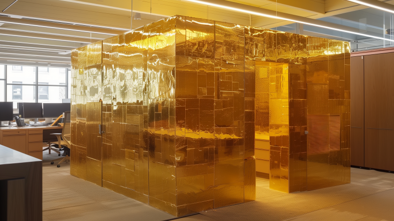 Golden-tinted office cubicles with reflective surfaces in a workspace environment.