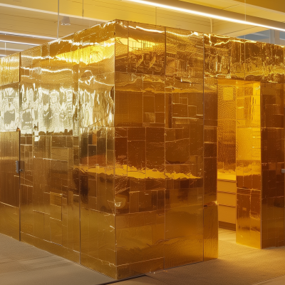 Golden-tinted office cubicles with reflective surfaces in a workspace environment.