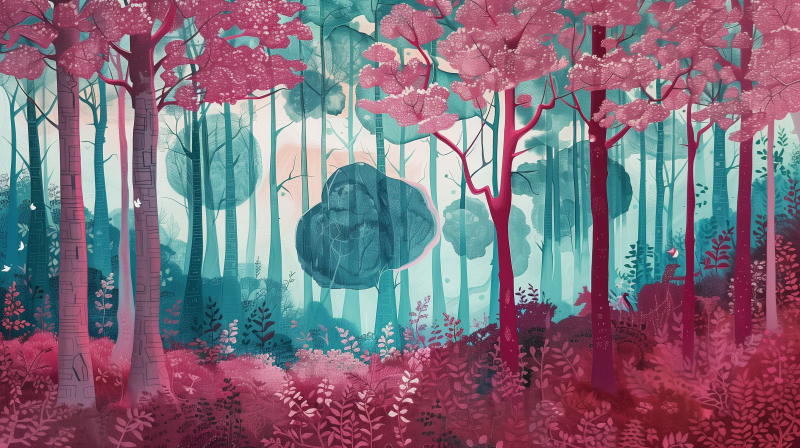 A colorful illustration of a stylized forest with trees in shades of pink, teal, and blue, featuring a vibrant array of flora.