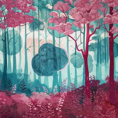 A colorful illustration of a stylized forest with trees in shades of pink, teal, and blue, featuring a vibrant array of flora.